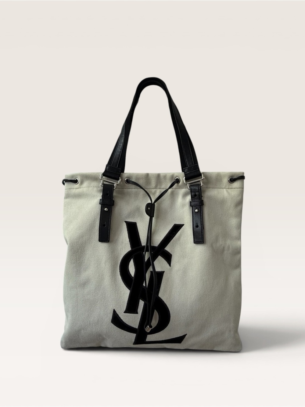 Saint Laurent Rive Gauche Canvas Tote Ivory Black Velvet YSL Logo - Picture 6 of 9
